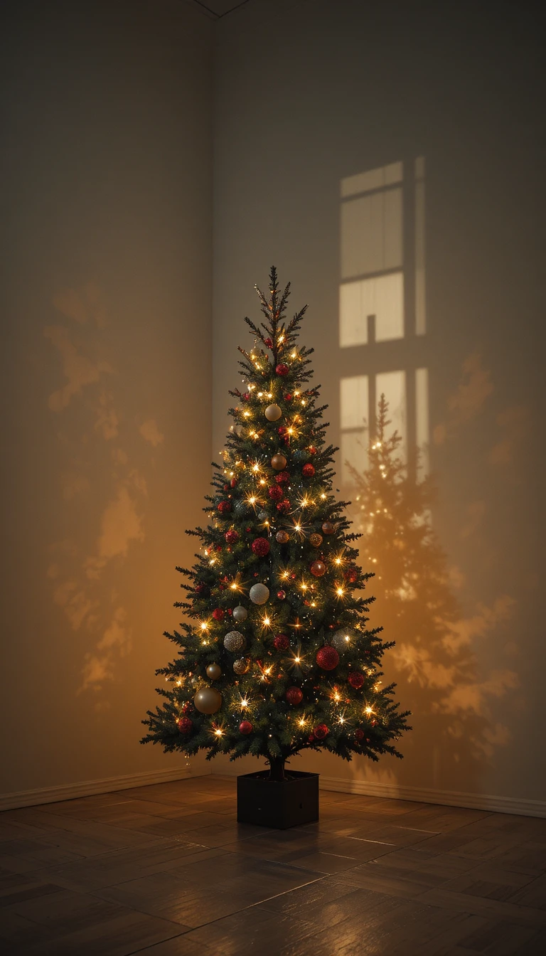 Árvore de Natal projetando sombra de cruz em luz quente e suave