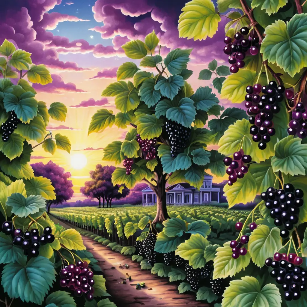 Surreal sunrise over a blackcurrant plantation dreamscape