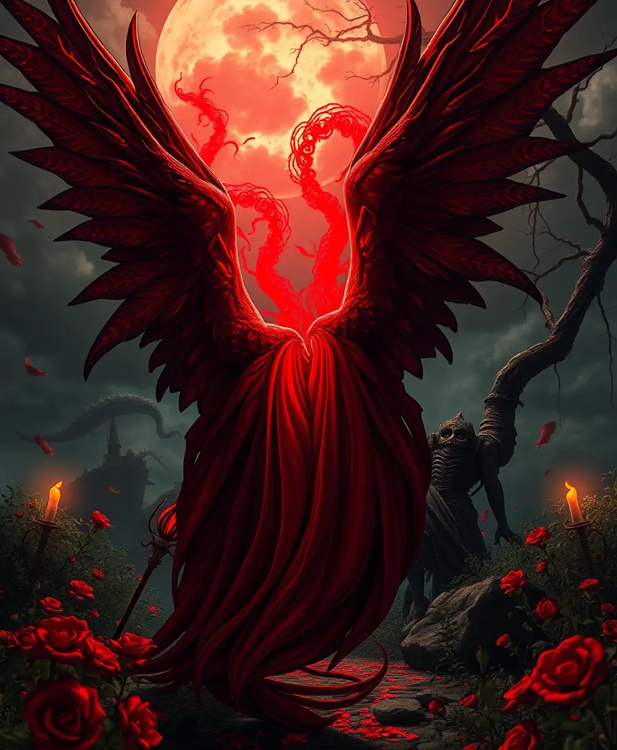 Crimson winged creature in a surreal renaissance fantasy
