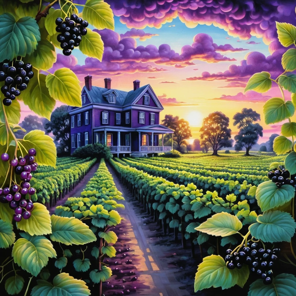 Surreal sunrise blackcurrant plantation in glossy purple tones