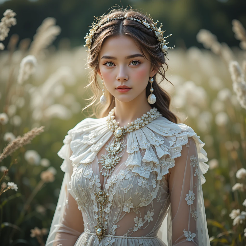 華麗禮服的年輕女子站在陽光灑落的草地上