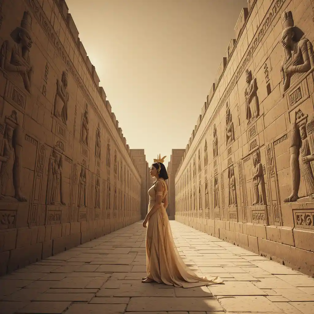 Pasillo del Antiguo Egipto con mujer regia en corredor sagrado