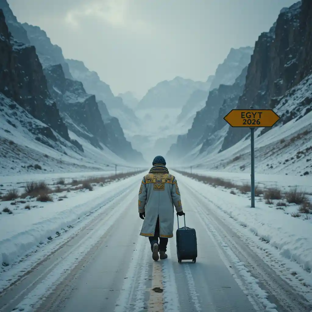 Lone traveler on snowy mountain road toward distant Egypt sign