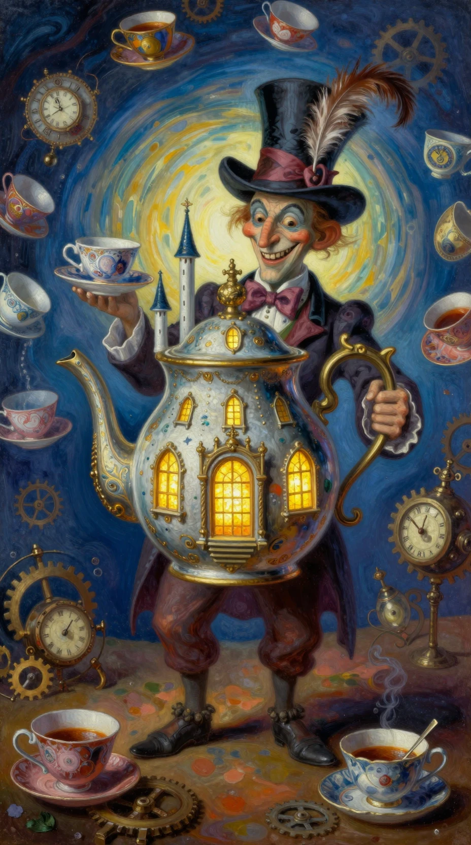 Surreal castle teapot held by a whimsical hatter