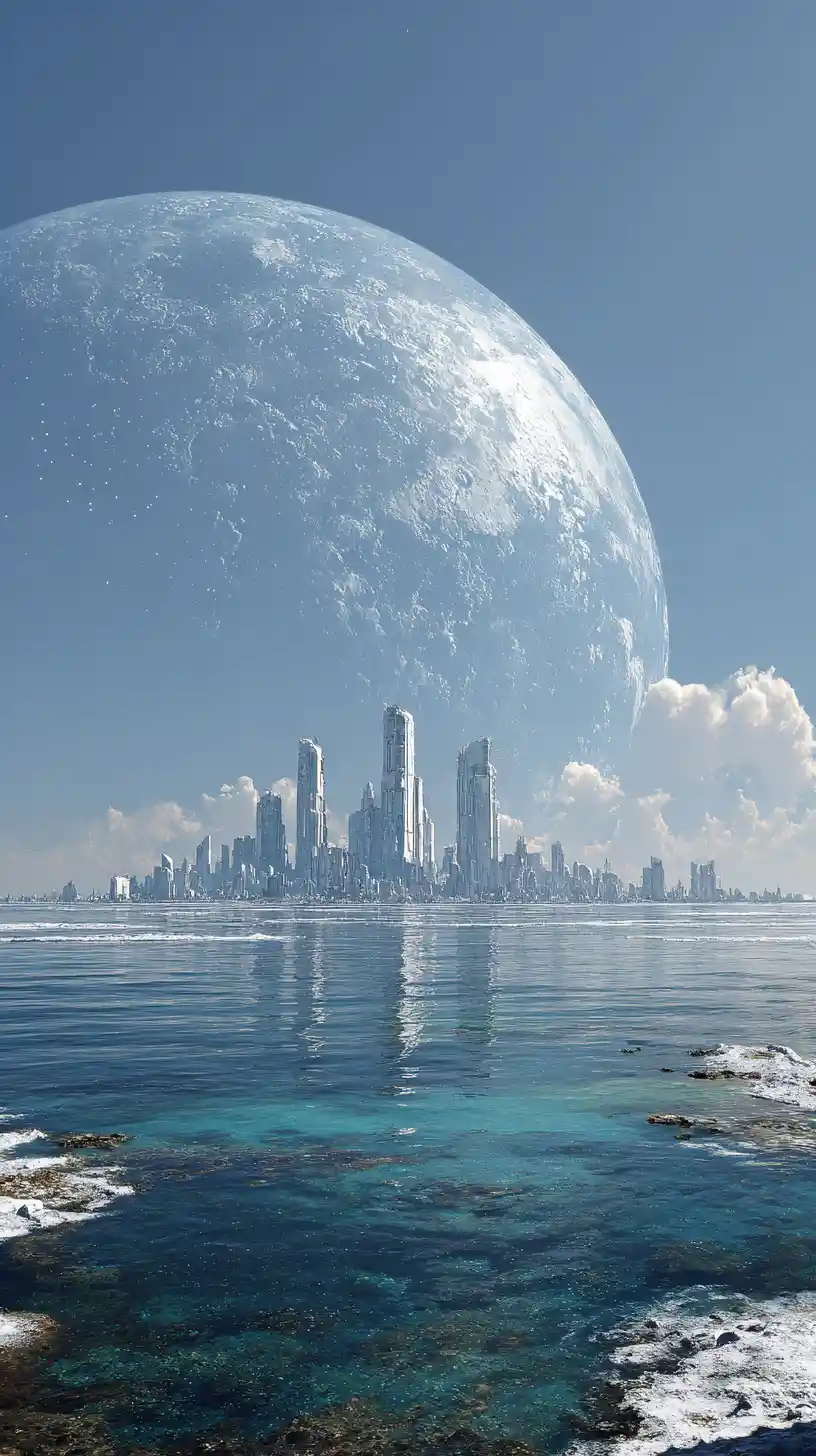 浩瀚銀河天空下的未來感外星海洋城市