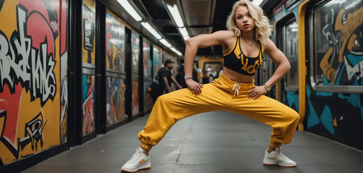 Curvy blonde woman breakdancing in a New York subway