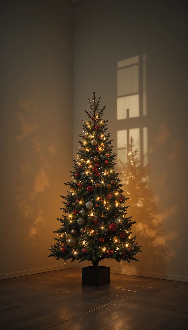Christmas tree casting a cross shadow in warm low light