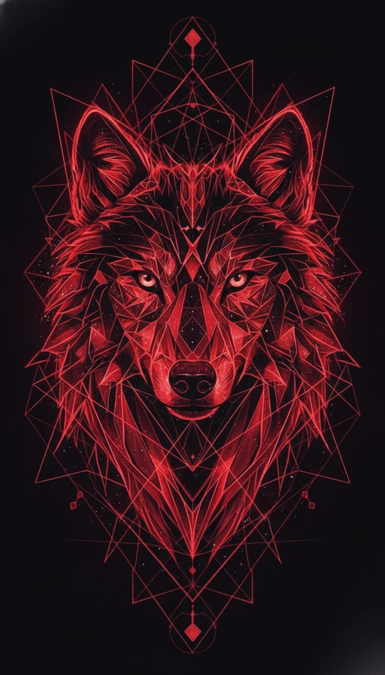 Visage de loup caché dans une illusion d’optique géométrique rouge