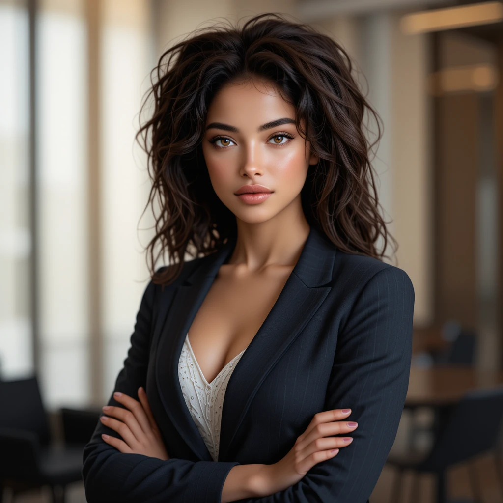 Confident young business woman standing in a modern conference room