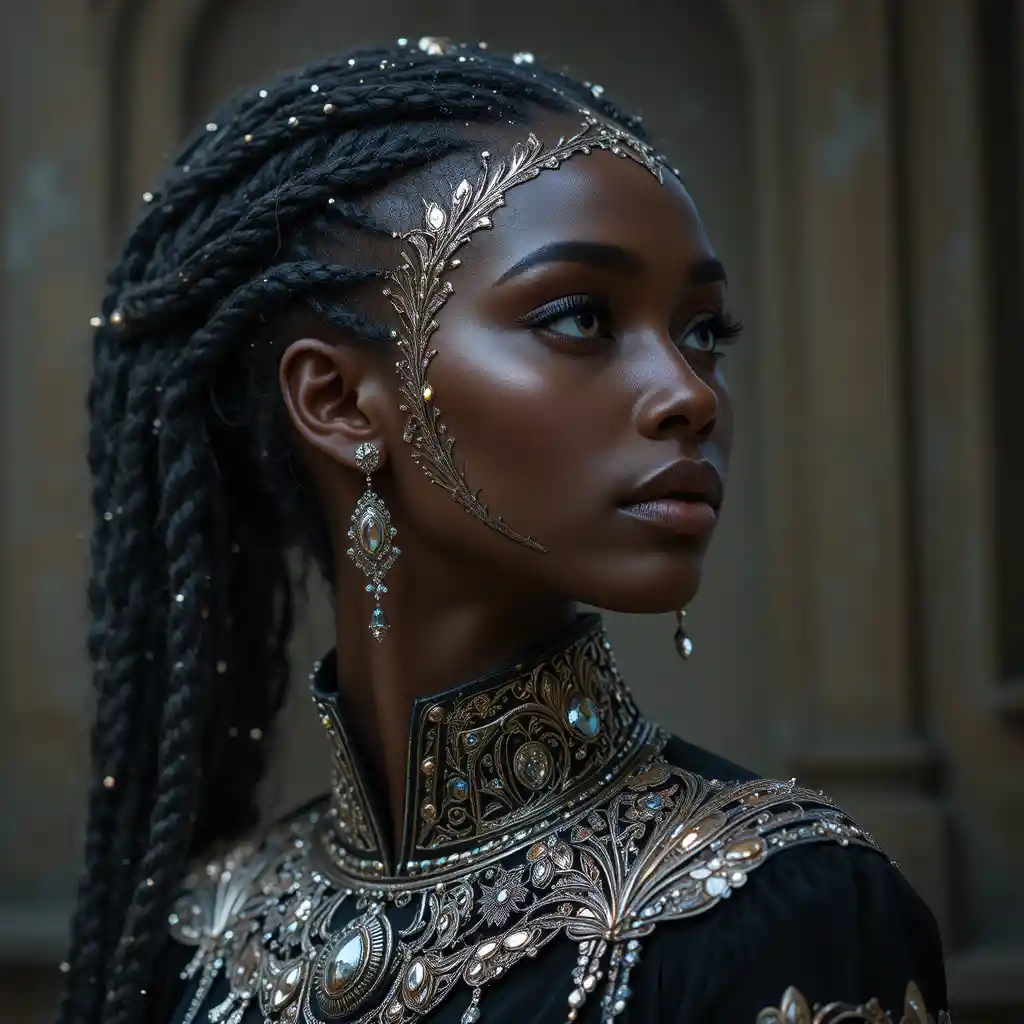 Profile portrait of a young woman with ornate metallic adornments