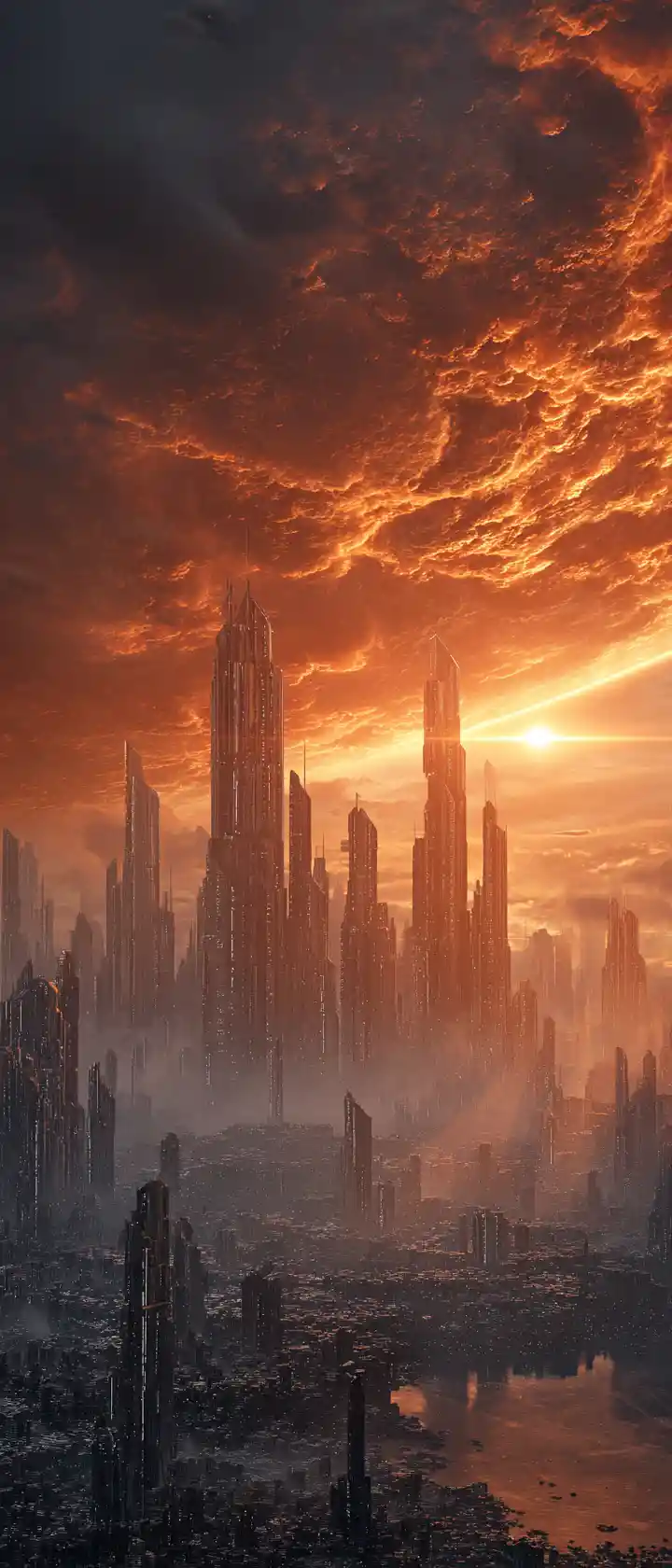 Futuristic ruined city with alien planet and storm clouds