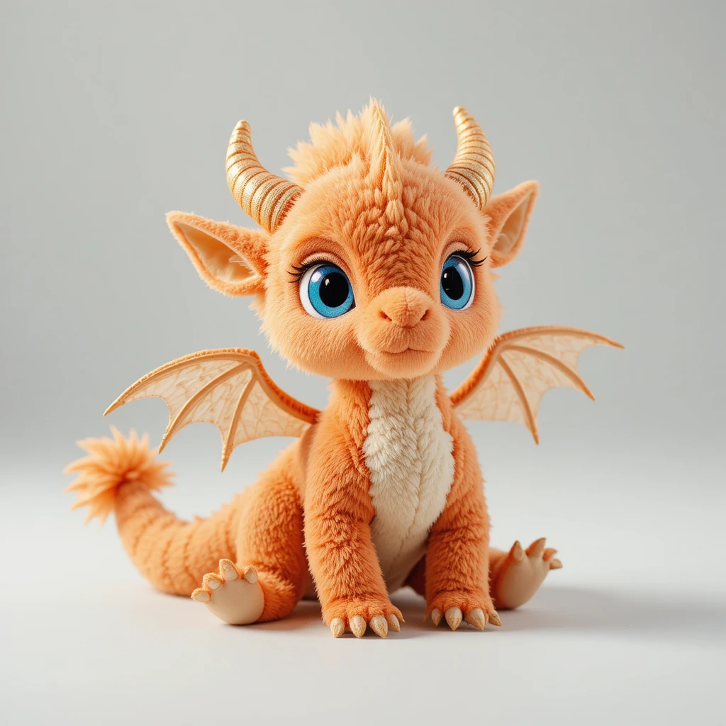 Cute fantasy dragon plush toy on white studio background