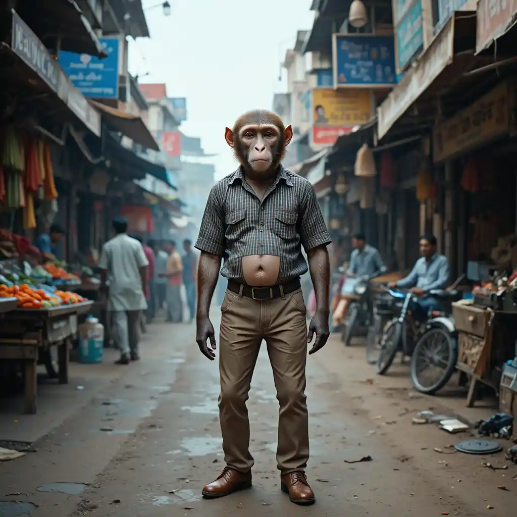 Humanlike monkey in clothes at Indian street market