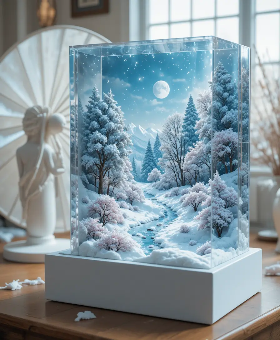3D winter wonderland painted across a glass gift box