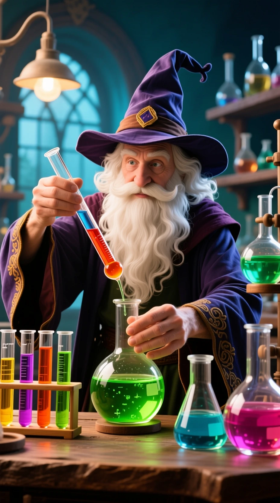 Wizard Merlin brewing colorful potion in arcane laboratory