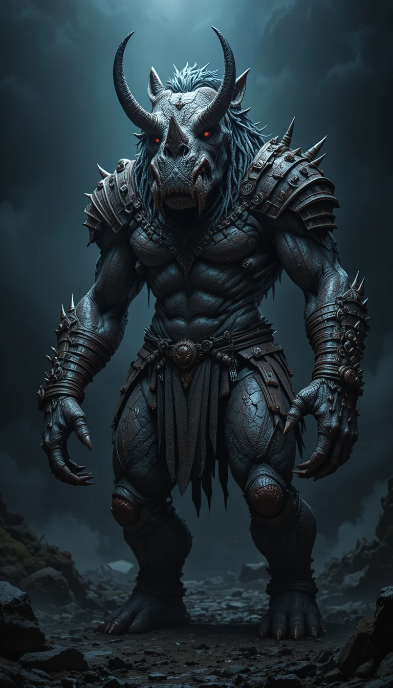 Armored horned beast with glowing red eyes in shadows