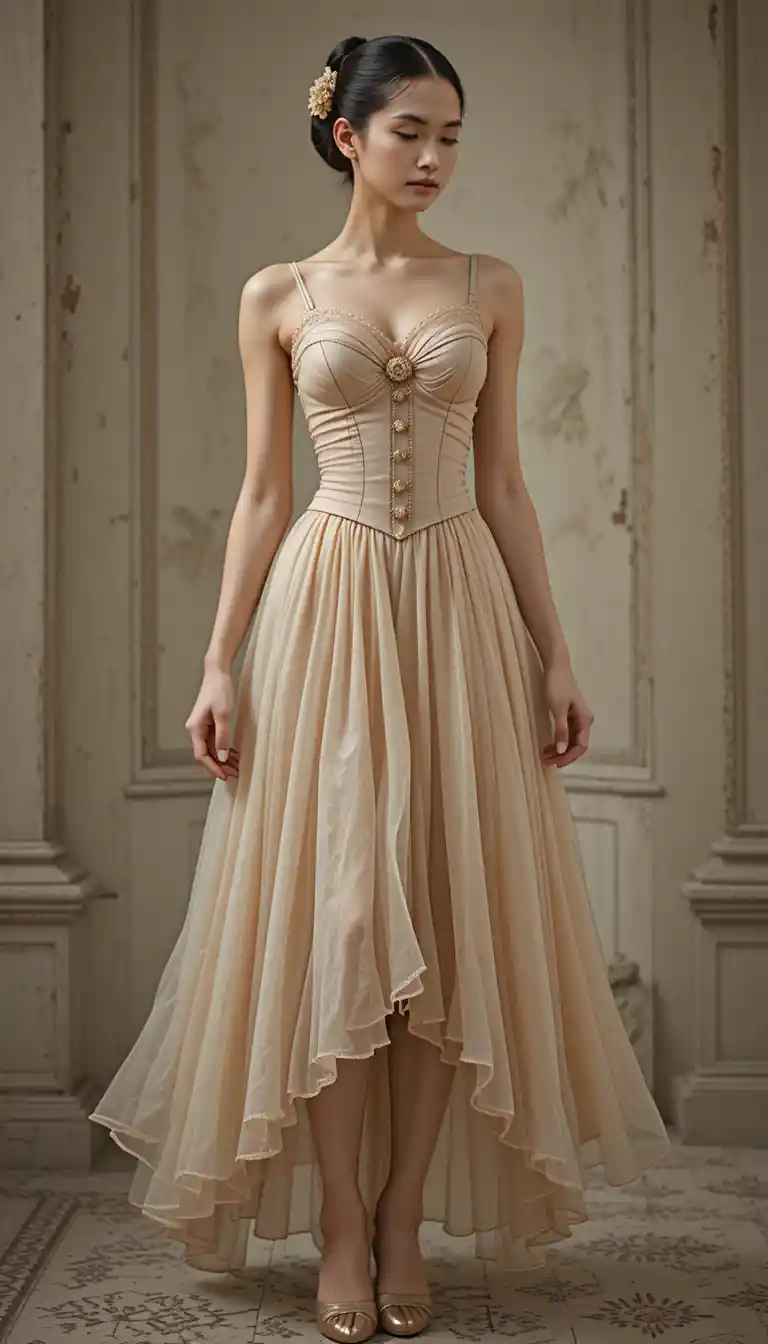 Ätherisches Champagner-Midikleid mit Korsett-Oberteil und transparenter Rockpartie