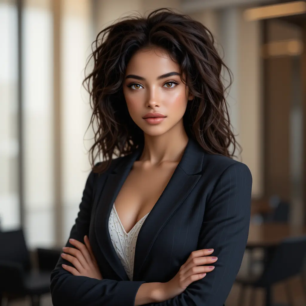 Confident young business woman standing in a modern conference room