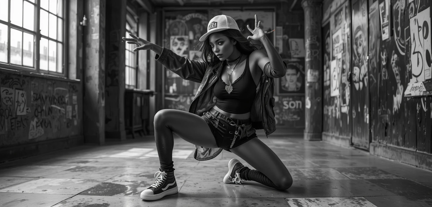Femme africaine faisant du breakdance dans une scène urbaine en noir et blanc