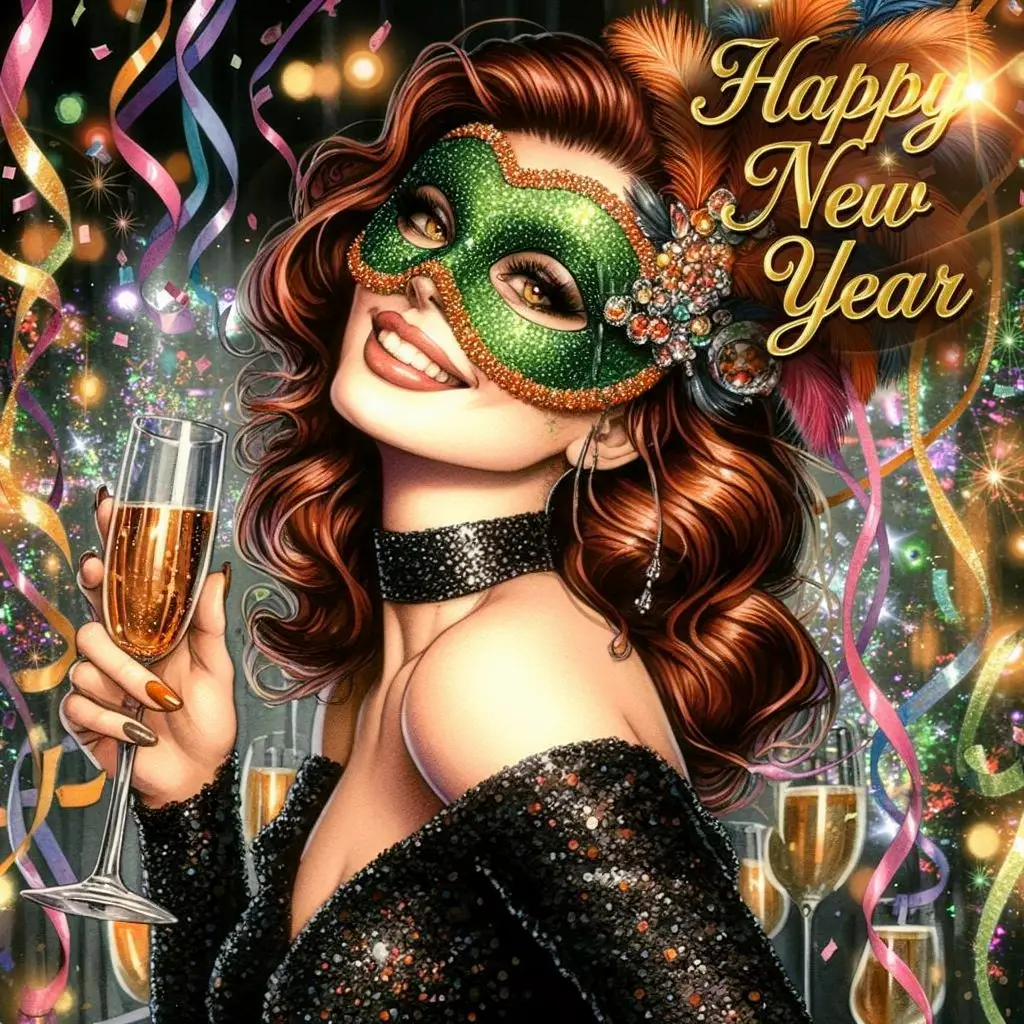 Smiling Woman In Mask At Sparkling New Years Party