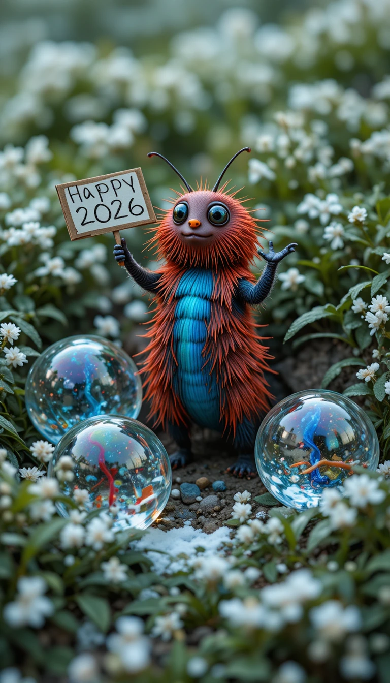 Macro view of glass marbles and caterpillar in snowy grass