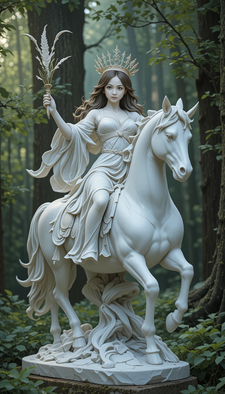 Statue of a woman riding a horse in a forest