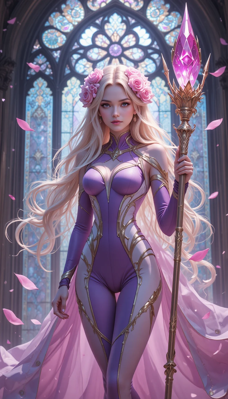 發光彩色玻璃前的奇幻女魔法師與法杖