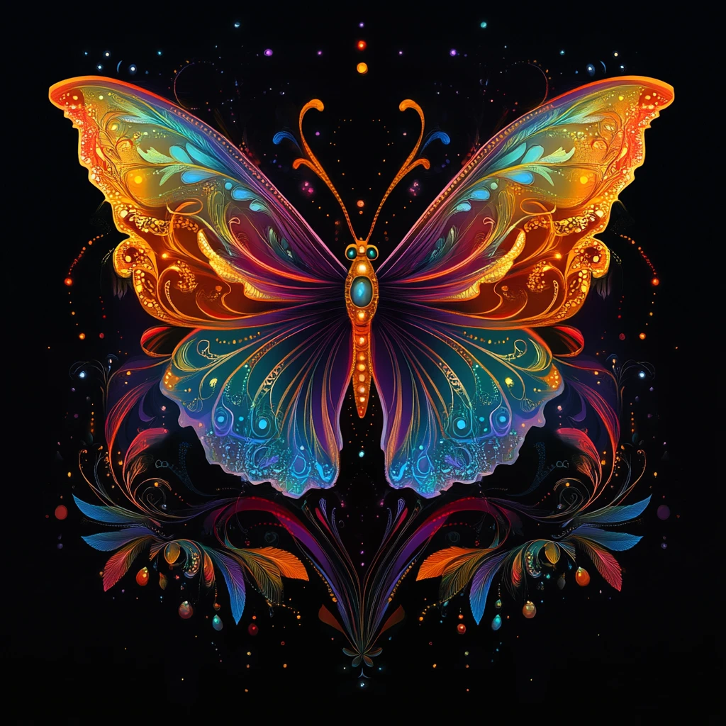 Papillon Éthéré de Feu et d’Eau dans une Forêt Enchantée