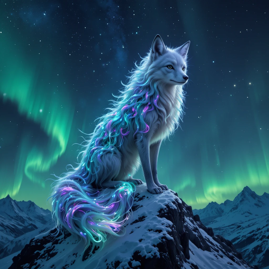 Mystischer Aurora-Fuchs auf einem schneebedeckten Gipfel in der Nacht