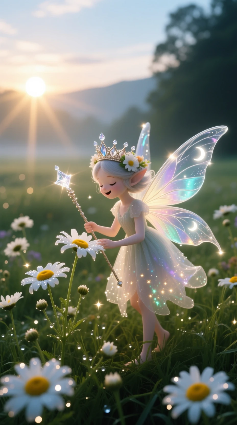 Tiny dawn fairy awakening wildflowers in a quiet meadow