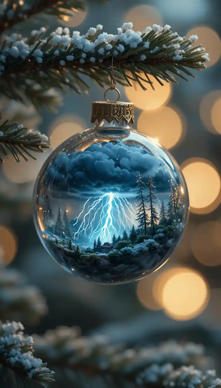 ガラスのクリスマスオーナメントの中で光る小さな雷雨