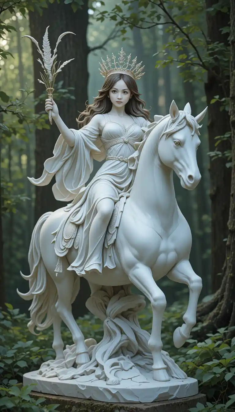 Statue of a woman riding a horse in a forest