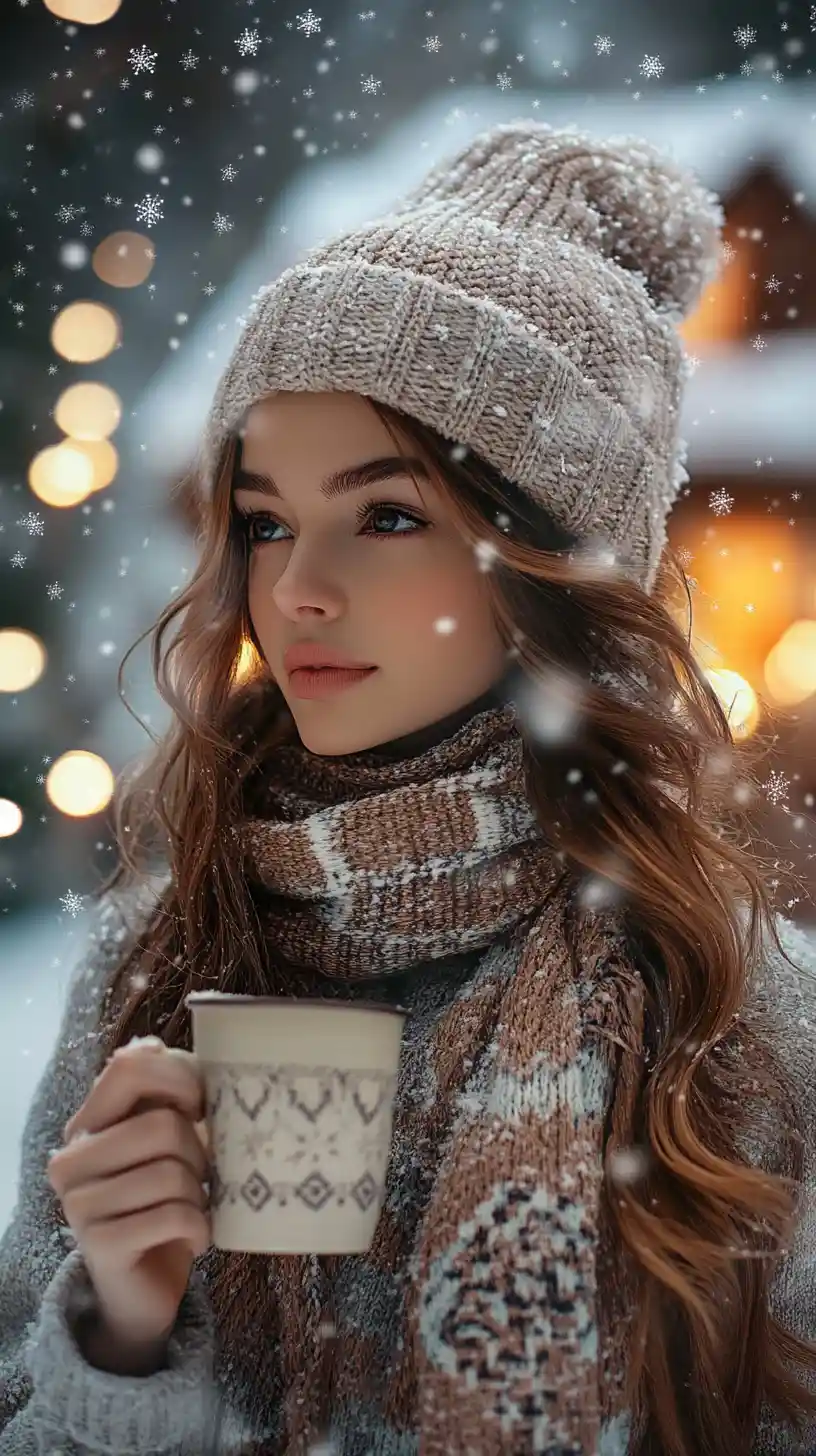 Young woman with hot drink in a snowy winter scene
