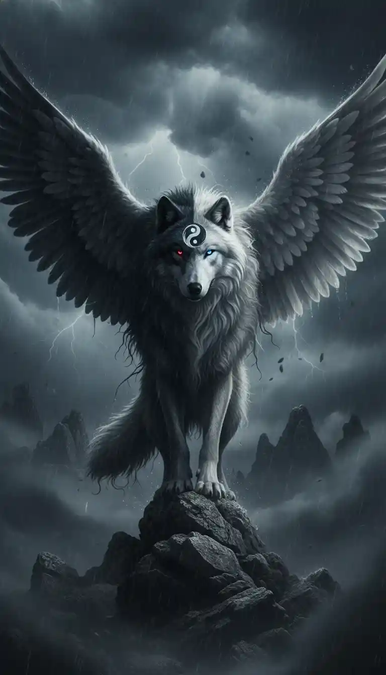 Engelsbeflügelter Yin-Yang-Wolf auf stürmischem Berggipfel