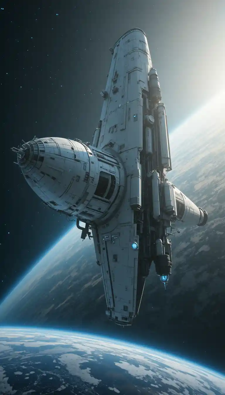 Giant white spaceship drifting in sunlit outer space