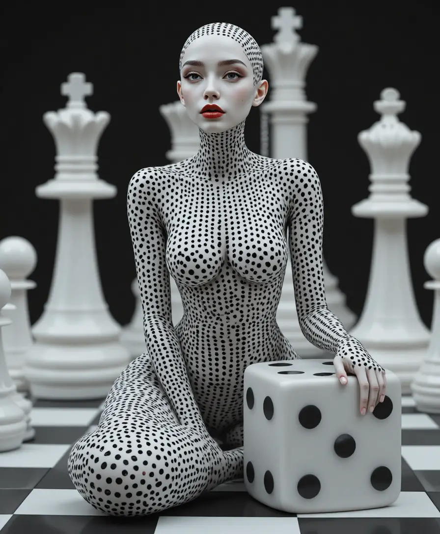 Surreal dice skinned woman seated beside a large die