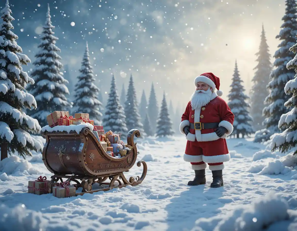 雪の降る中でクリスマスのそりのそばに立つ男性