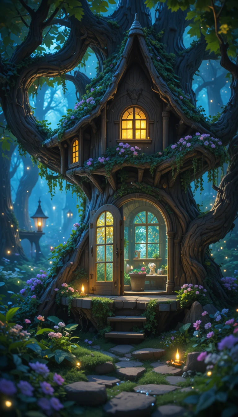 Hada en una casa en el árbol luminosa llena de suaves luces