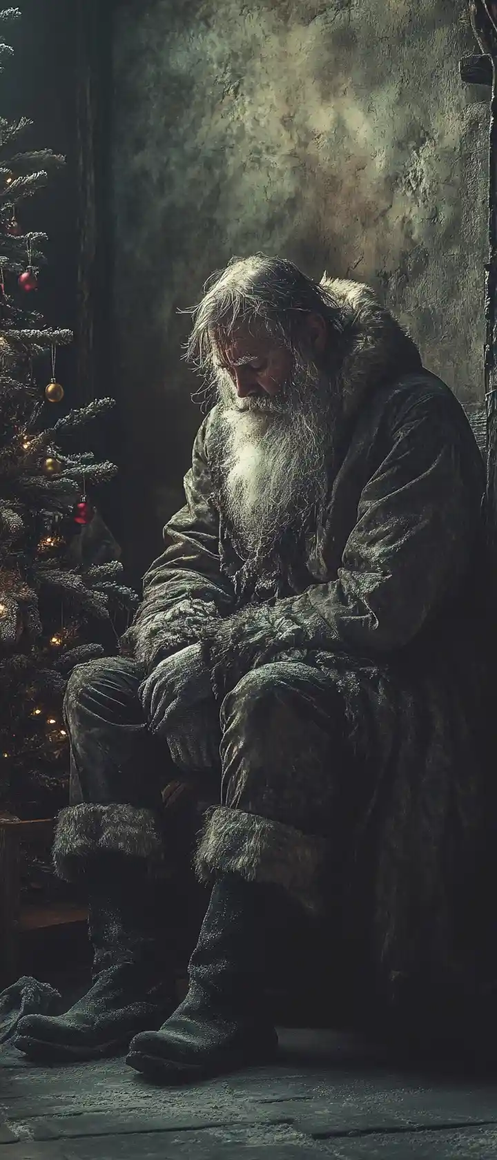 Melancholic Santa Claus Resting In A Worn Cabin