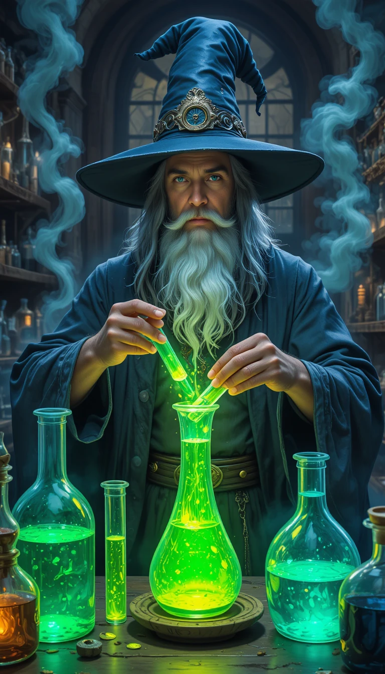 El mago Merlín preparando una poción mágica en su laboratorio