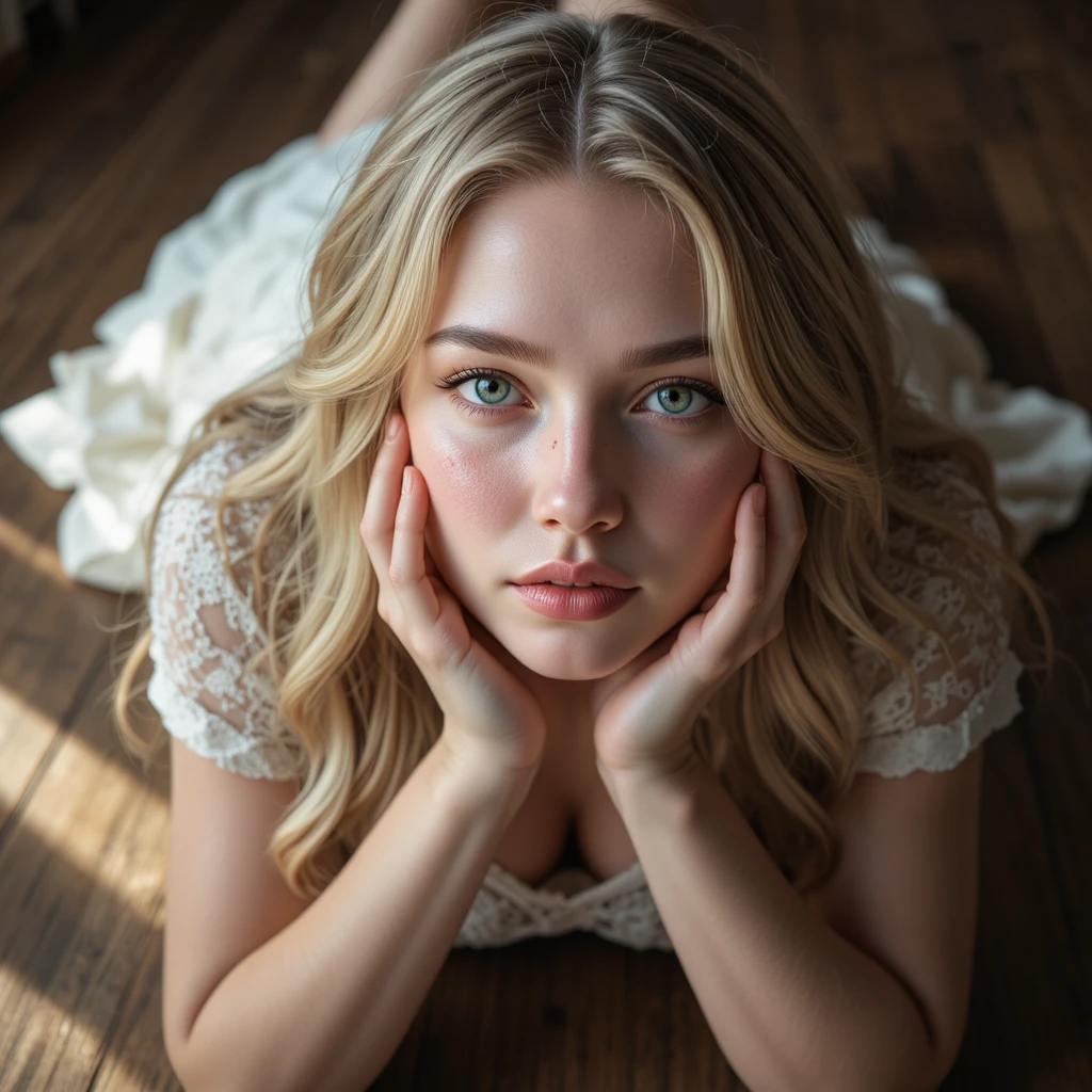 Jeune femme blonde allongée sur un plancher en bois baigné de soleil
