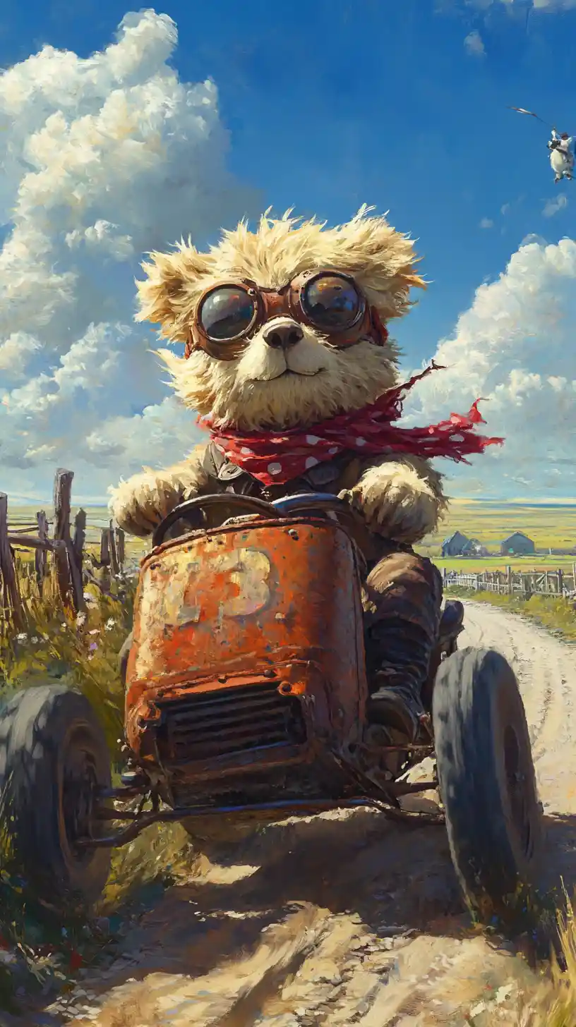 Teddy bear driving steampunk car on sunny country road
