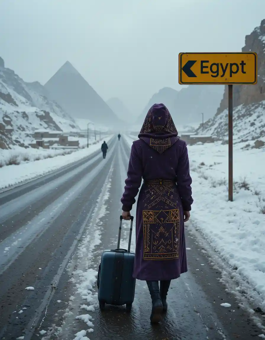 Egyptian woman walking a snowy road between winter mountains