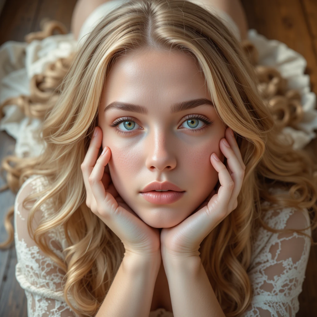 Jeune fille blonde pensive allongée sur un parquet baigné de soleil