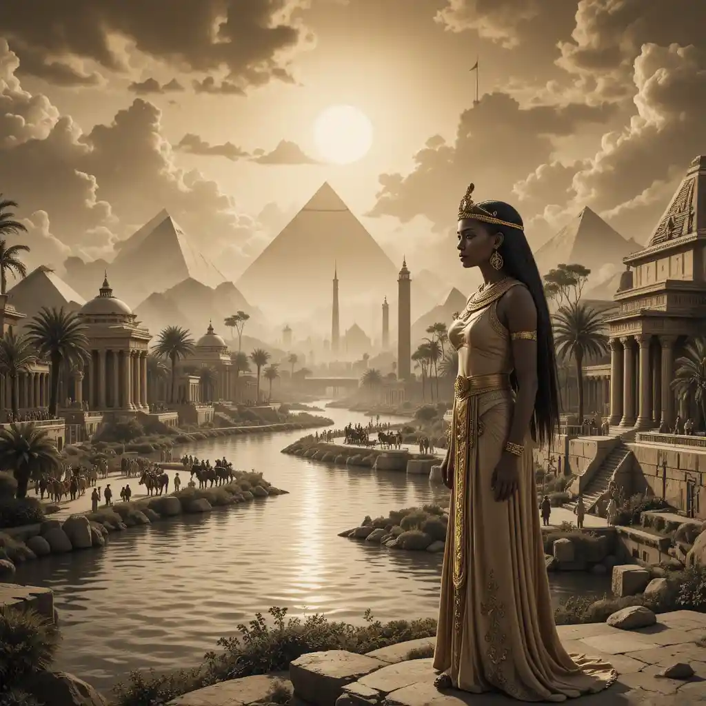Elegant Egyptian woman by a river in ancient city