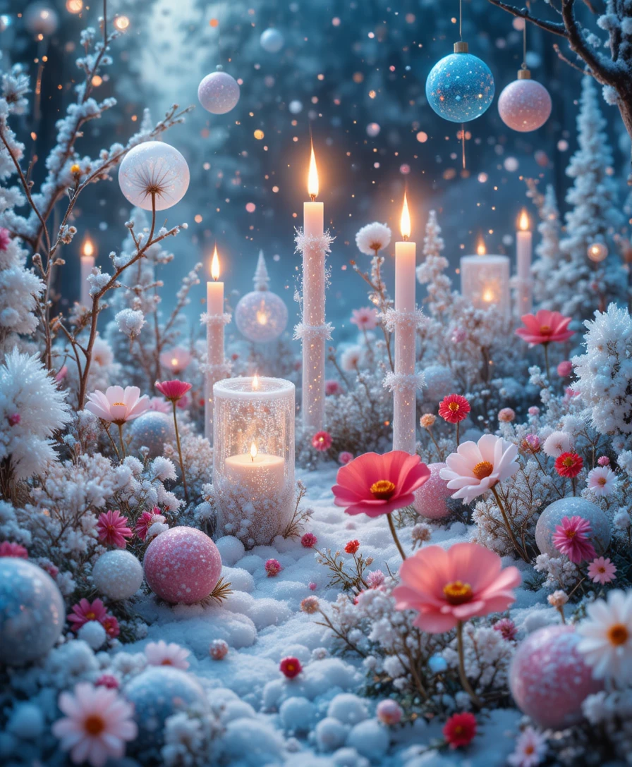 Scène d’hiver 3D en verre dépoli avec bougies et ornements