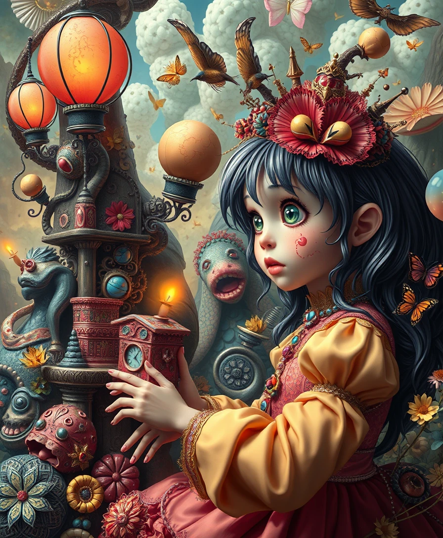 Whimsical popsurreal dreamscape blending fantasy and comedy