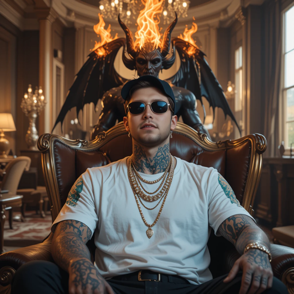 Young man in rapper style in a luxurious armchair