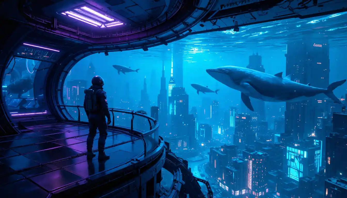 Astronaut On Glass Deck Above Futuristic Underwater City