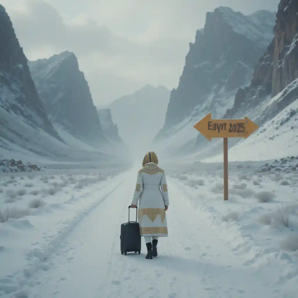 Femme sur une route de montagne enneigée vers le panneau Égypte 2026
